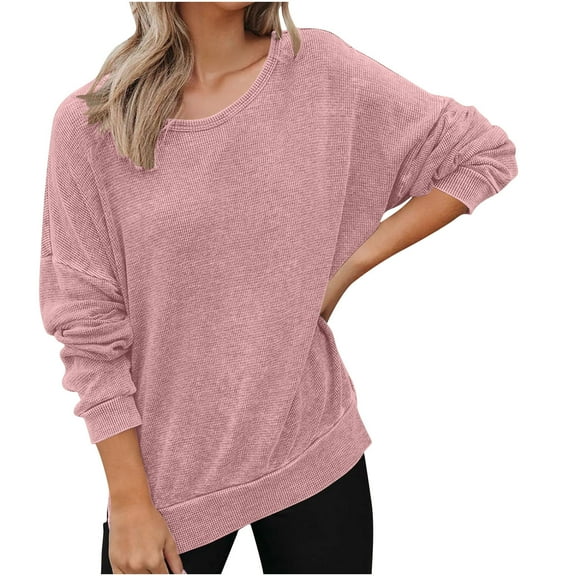 Nxznwn Sweatshirt for Women Oversized Waffle Knit Crewneck Sweatshirts Solid Long Sleeve Side Slits Casual Pullover Tops