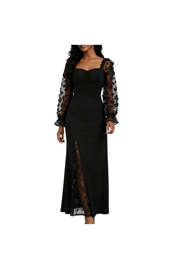 Wedding Guest Maxi Dresses for Women Lace Long Sleeve Sweetheart Neck Cocktail Bride Dress Elegant Ruched A Line Formal Evening Party Gown