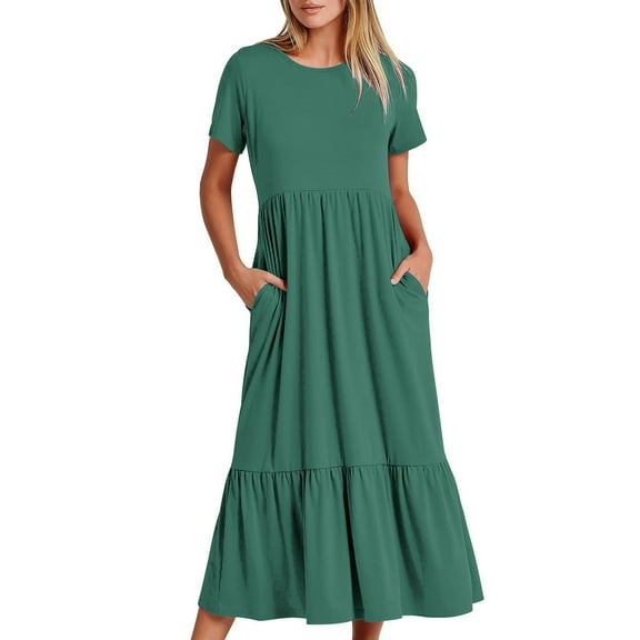 Nxznwn Women Summer Dresses Casual Short Sleeve Crewneck A-line Swing Flowy Tiered Shirt Maxi Beach Long Dress 2024 Trendy Outfits