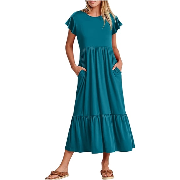 Nxznwn Women's 2024 Summer Casual Dresses Flutter Short Sleeve Crewneck Loose Flowy Tiered Dress A-Line Beach Maxi Dress with Pockets