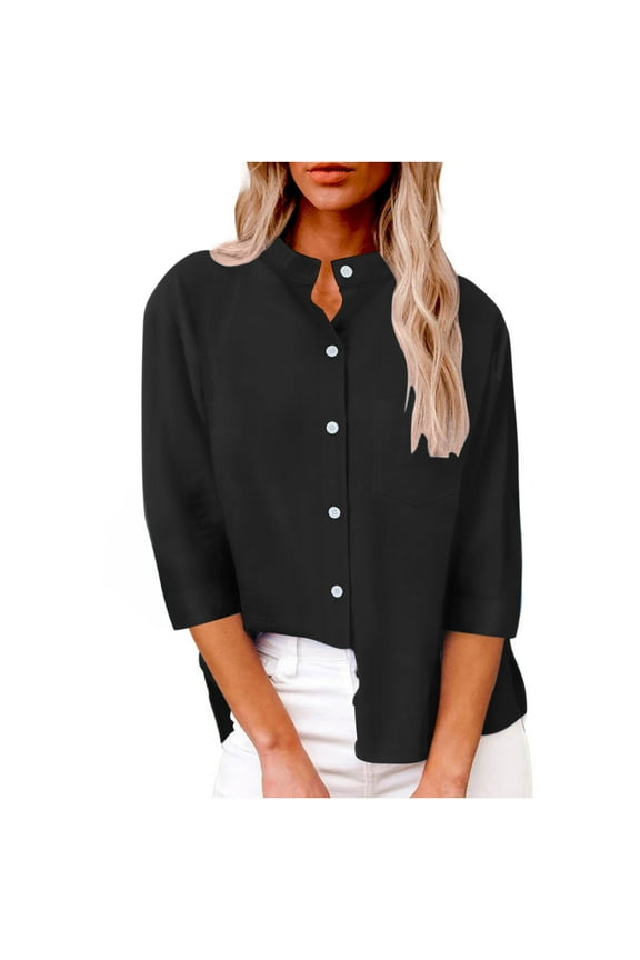 Women's Button Down Shirts 3/4 Sleeve Band Collar Business Casual Work Shirt Tops Dressy Casual Blouse with Pocket