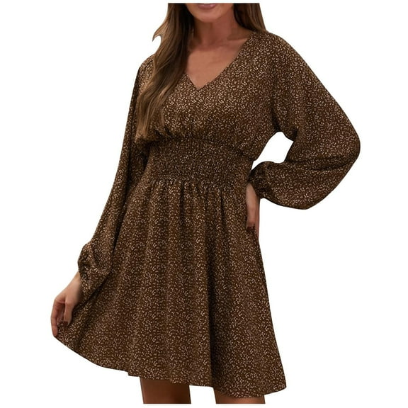 Nxznwn Women's Floral Boho Dress Fall Casual Long Sleeve Dresses V Neck Smocked Elastic Waist A-Line Swing Midi Dress