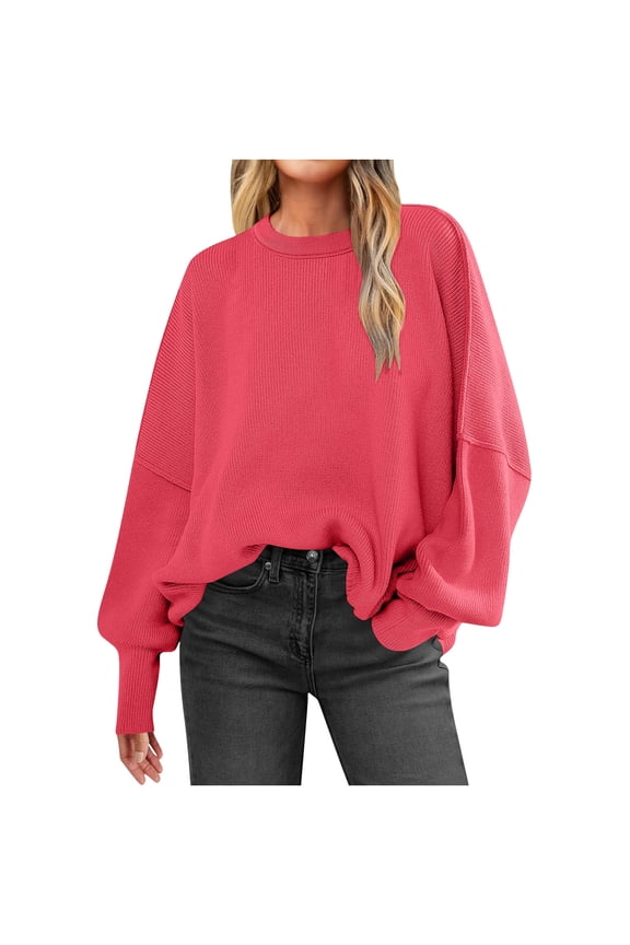 Women's Oversized Slouchy Sweater Fall Soft Comfy Knitwear Winter Loose Drop Shoulder Long Sleeve Crewneck Side Slit Pullover Tops