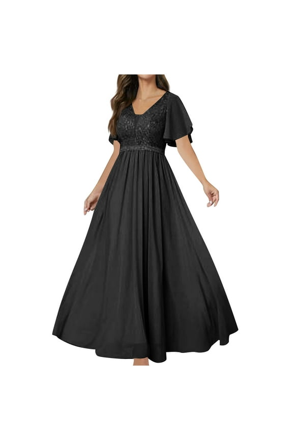 Women's Sequin Cocktail Dress A-line V-Neck Empire Waist Ruffles Sleeve Elastic Long Formal Dress Wedding Guest Dresses