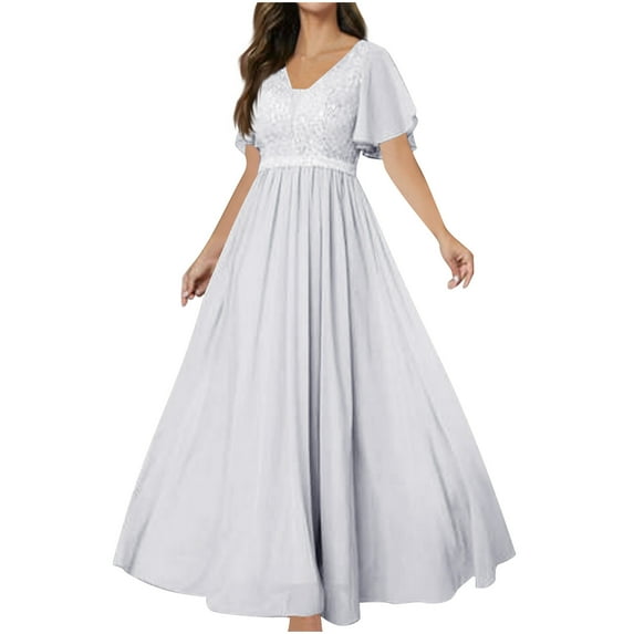 Nxznwn Women's Sequin Cocktail Dress A-line V-Neck Empire Waist Ruffles Sleeve Elastic Long Formal Dress Wedding Guest Dresses