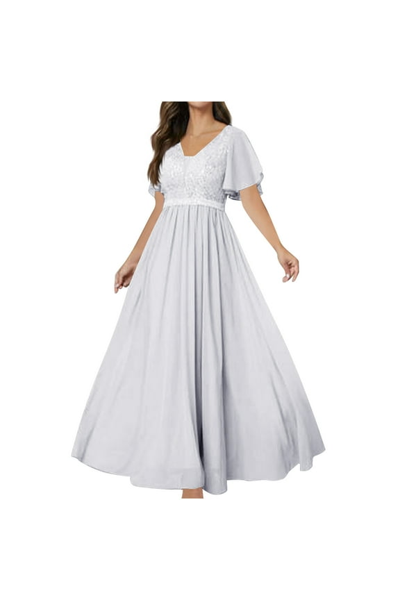 Women's Sequin Cocktail Dress A-line V-Neck Empire Waist Ruffles Sleeve Elastic Long Formal Dress Wedding Guest Dresses