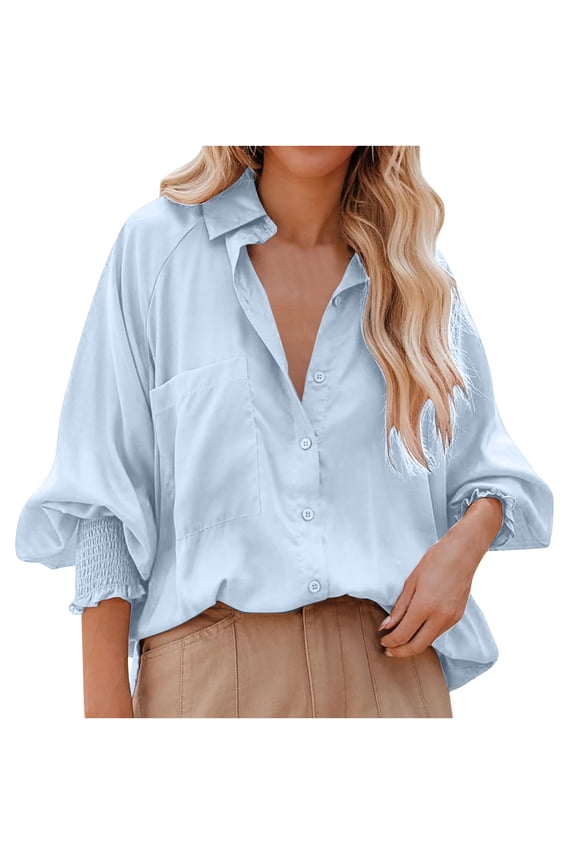 Women's Smocked Cuffed Oversized Shirt with Pocket Casual Collared Long Sleeve Blouse Business Work Tops for Pocket Shirred
