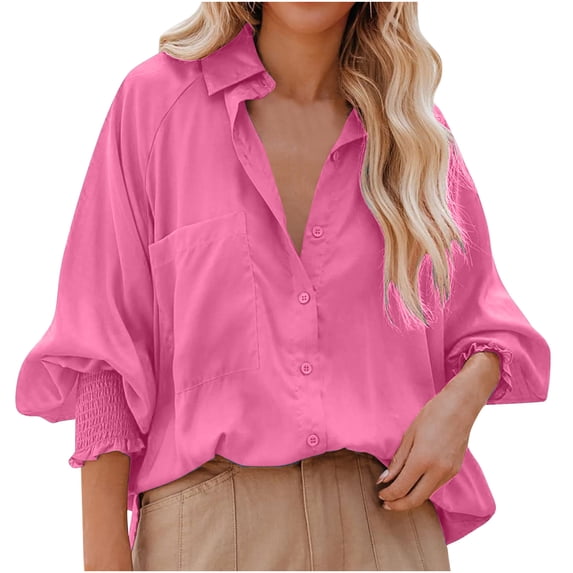 Nxznwn Women's Smocked Cuffed Oversized Shirt with Pocket Casual Collared Long Sleeve Blouse Business Work Tops for Pocket Shirred