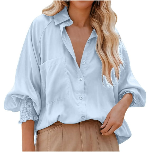 Nxznwn Women's Smocked Cuffed Oversized Shirt with Pocket Casual Collared Long Sleeve Blouse Business Work Tops for Pocket Shirred