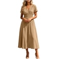 thumbnail image 1 of Nxznwn Women's Summer Short Sleeve Long Dresses Casual Wrap V-Neck Smocked Elastic Waist A-Line Flowy Party Dress, 1 of 9