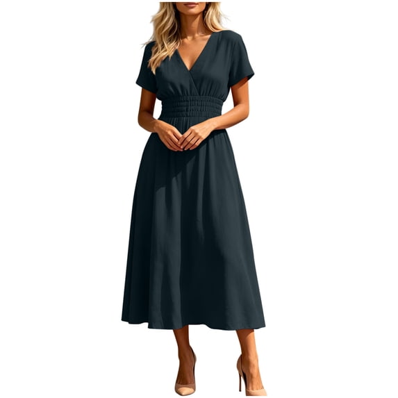 Nxznwn Women's Summer Short Sleeve Long Dresses Casual Wrap V-Neck Smocked Elastic Waist A-Line Flowy Party Dress