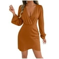 thumbnail image 1 of Nxznwn Women's Warp V Neck Long Sleeve Satin Work Dress Elegant Party Cocktail Wedding Guest Mini Sheath Bodycon Dresses, 1 of 7