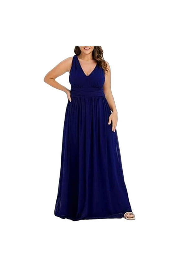 Women's Wedding Guest Dress Plus Size V-Neck Pleated Maxi Semi-Formal Dress Evening Party Bridesmaid Dresses