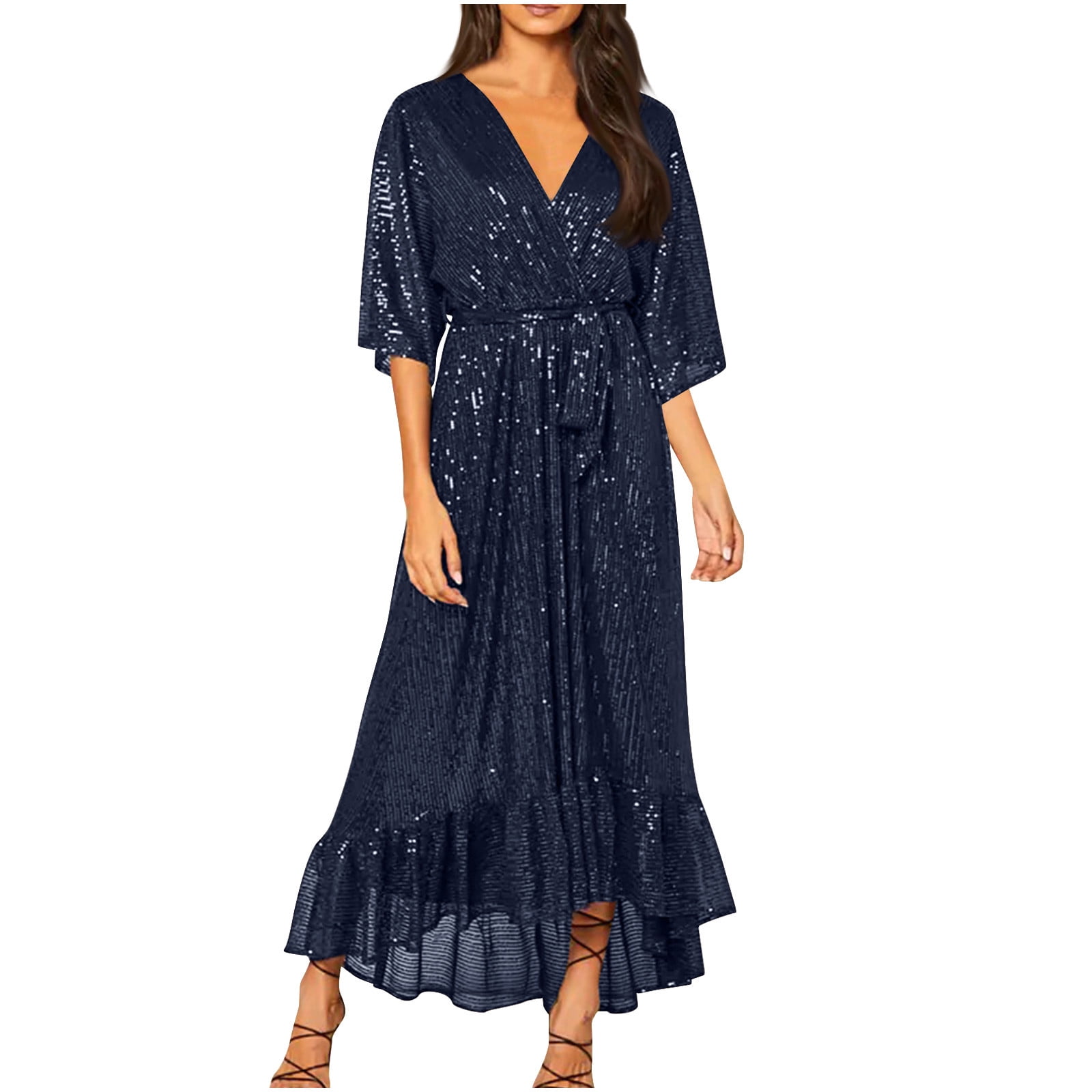 Shiny Sequinned Sleeveless Square Neck Evening Wrap Maxi Dresses