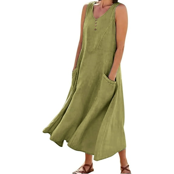 Nxznwn Womens Cotton Linen Dress Button Decor V Neck Sleeveless Flowy Solid Dresses Plus Size Loose Comfy Dress with Pockets