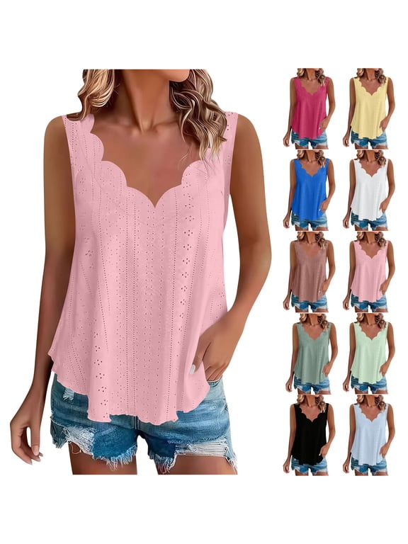 Womens Eyelet Tank Tops Sleeveless Seashell V Neck Camis Vest Loose Fit Casual Summer Flowy Beach Blouses Shirts