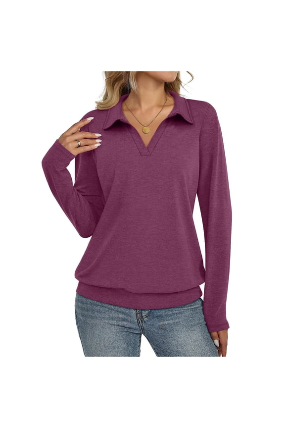 Womens Fall Shirts Collared V Neck Long Sleeve Banded Bottom Pullover Tops Business Dressy Casual Work Blouses