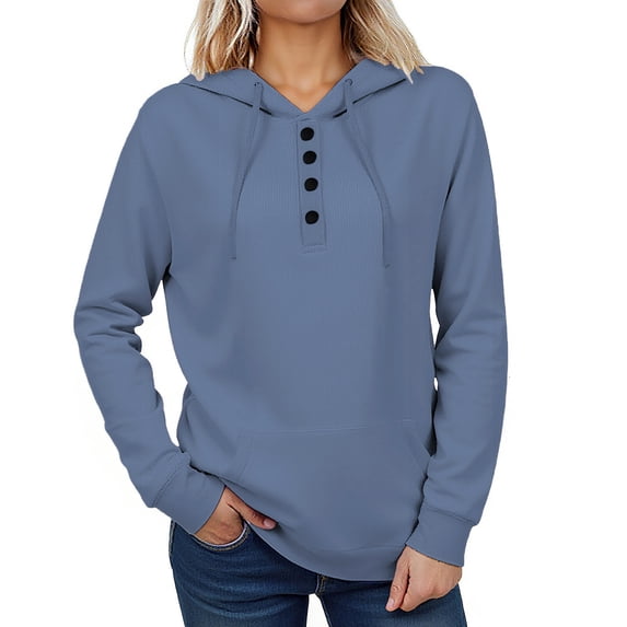 Nxznwn Womens Fleece Hoodies Button Collar Ribbed Drawstring Hooded Sweatshirt Casual Long Sleeve Pullover Tops Shirts with Pocket
