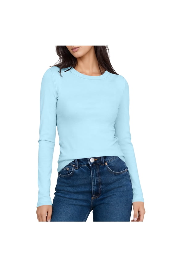 Womens Long Sleeve Shirts Slim Fitted Round Neck Tops Basic Stretch Tees Fall Lightweight Casual Base Layer Undershirt