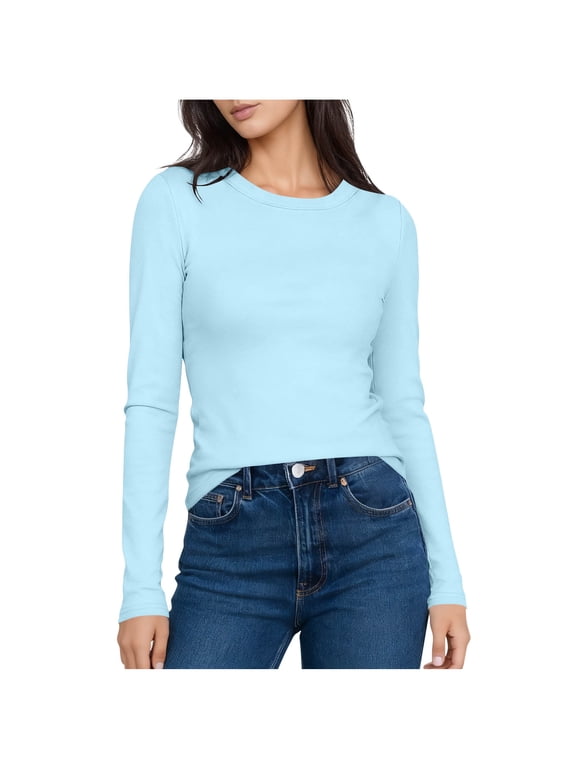 Womens Long Sleeve Shirts Slim Fitted Round Neck Tops Basic Stretch Tees Fall Lightweight Casual Base Layer Undershirt