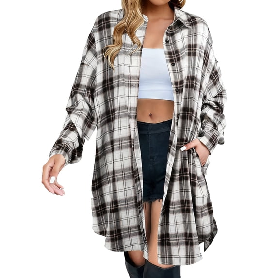 Nxznwn Womens Oversized Plaid Flannel Shirts Jacket Long Sleeve Collared Button Down Shacket Long Coats Lightweight Tops with Pockets