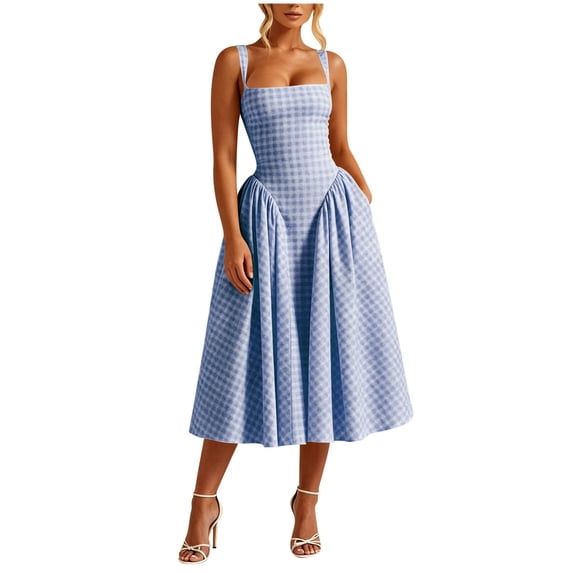 Nxznwn Womens Plaid Corset Cocktail Midi Dress Vintage 1950s A-Line Flowy Wedding Guest Dresses Tea Party Prom Gown with Pockets