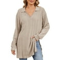 thumbnail image 1 of Nxznwn Womens Ribbed Knitted Shirts Long Sleeve Collared V Neck Split Hem T-Shirts Casual Comfy Loose Fit Fall Tunic Tops, 1 of 5