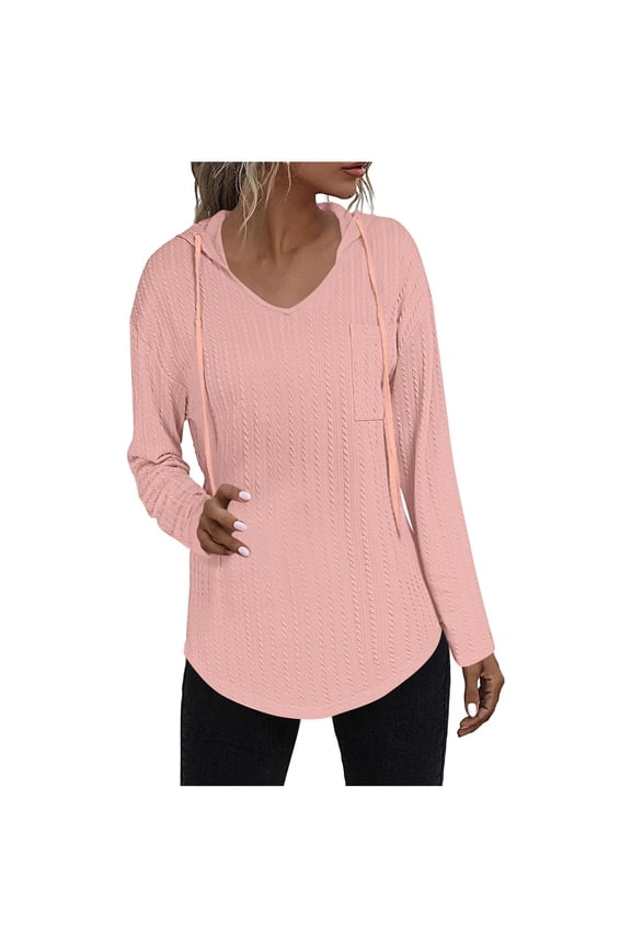Womens V Neck Hoodies Lightweight Casual Long Sleeve Sweatshirt Drawstring Textured Pullover Tops with Chest Pocket
