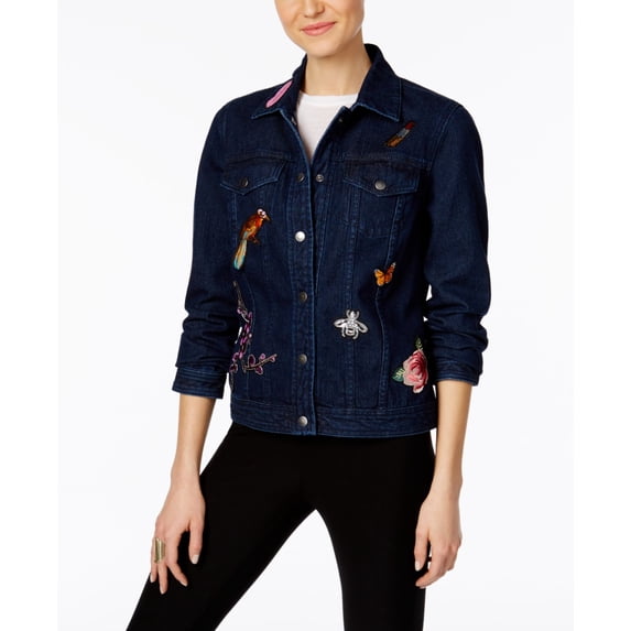 NY Collection Cotton Patched Denim Jacket Blue Denim S