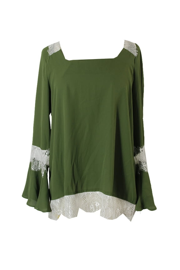 Olive Lace-Trim Peasant Top S