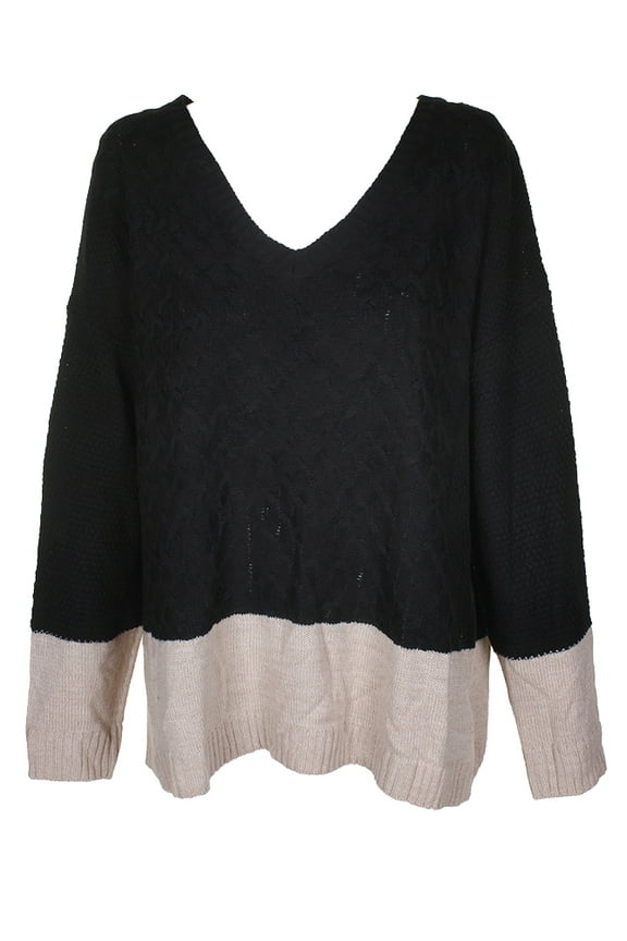 Plus Size Colorblocked V Neck Sweater Black 3X
