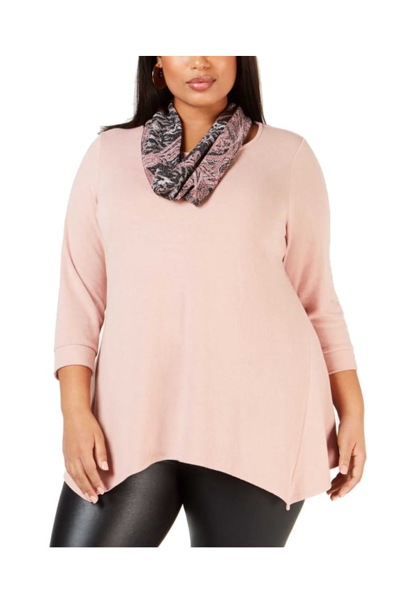 Womens Plus Size Handkerchief-Hem Top & Printed Scarfs, Pastel Pink, 2X Plus