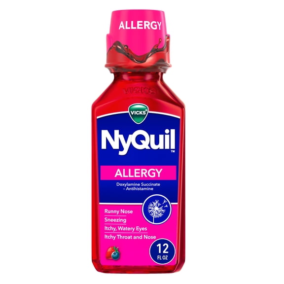 Vicks NyQuil Allergy Liquid, Nighttime Allergy Medicine for Adults, Berry, 12 fl oz