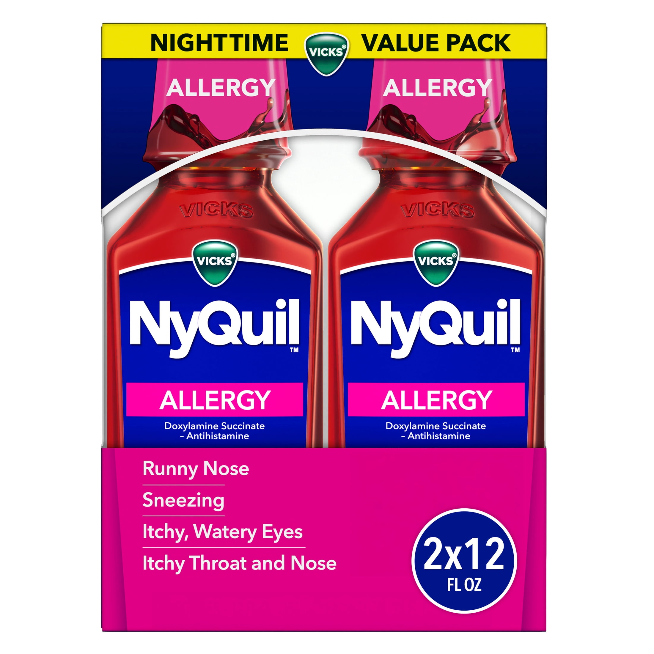 Vicks NyQuil Allergy Liquid Nighttime Medicine for Adults, Berry Flavor, Twin Pack 2x12 fl oz