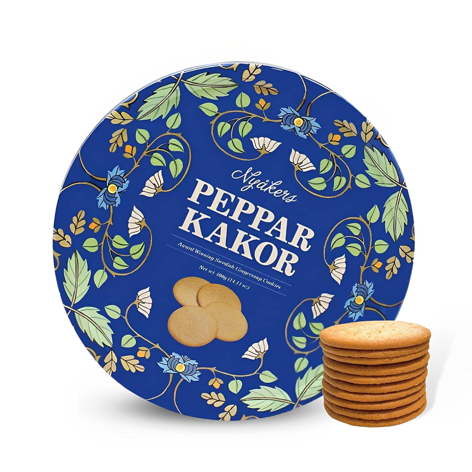 Nyakers Pepparkakor Swedish Snaps Cookies, Vegan Cookies, Dairy- Snacks, Gourmet Cookies, Food Gift for Holidays, Valentines Day, Thanksgiving - Packed in a Beautiful Tin - 14.11oz (Blue)