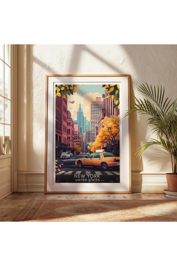Nyc Fall Street Scene Empire State Building Taxi Art Print, Unframed Poster