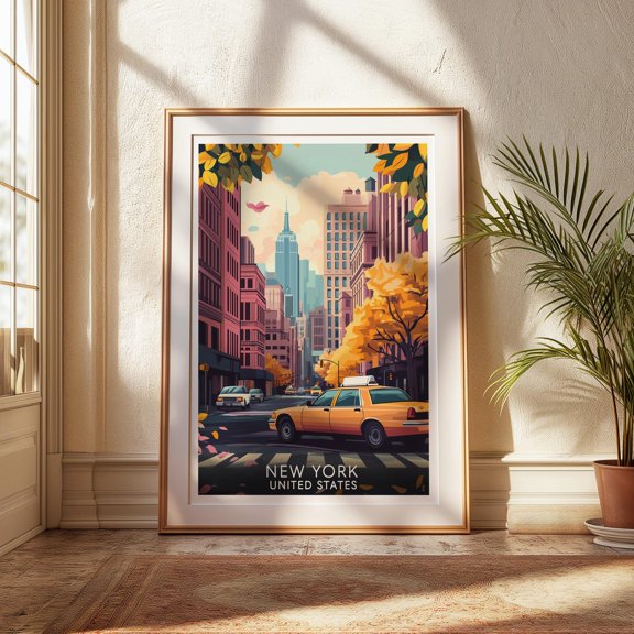 Nyc Fall Street Scene Empire State Building Taxi Art Print, Unframed Poster