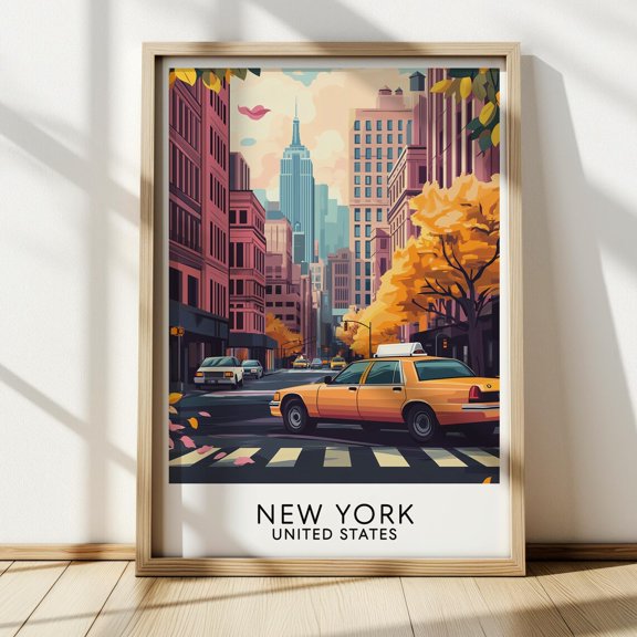 Nyc Fall Street Scene Taxi Empire State Building Art Print, Unframed Poster