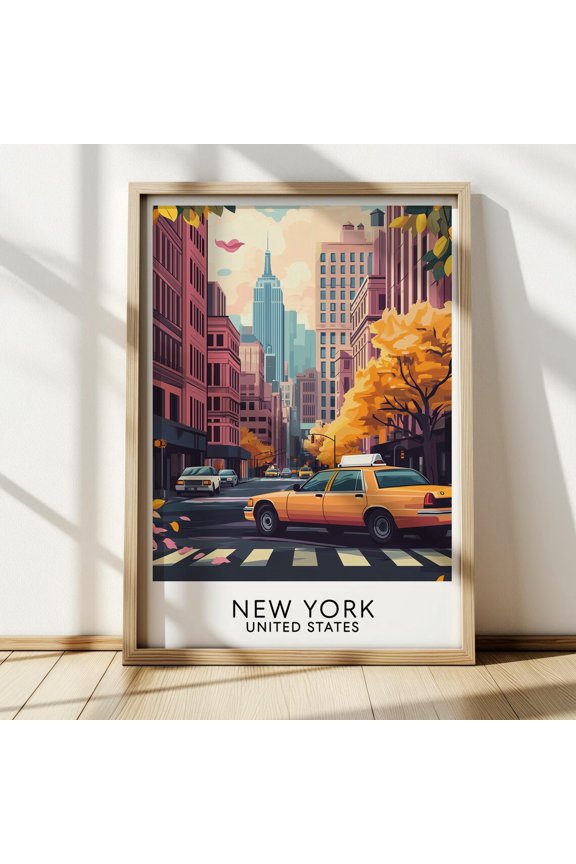 Nyc Fall Street Scene Taxi Empire State Building Art Print, Unframed Poster