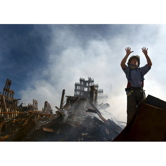 Nyc Fireman Signals For 10 More Rescue Workers To Come Into The Rubble Of The Ground Zero. Sept. 15 History