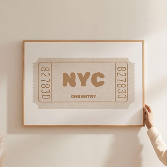 Nyc New York City Ticket Poster Beige Pastel Retro City Art, Vibrant Decor & Typography Landscape Horizontal Wall Art, Poster Only