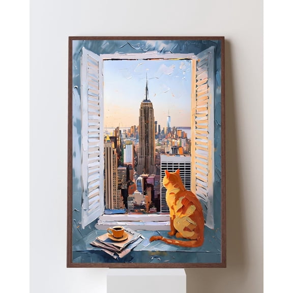 Nyc Open Window View Wall Art, Empire State Building Skyline, Ginger Cat And Coffee, Inspired Cityscape, New Apartment, Unframed Canvas Size 16x24