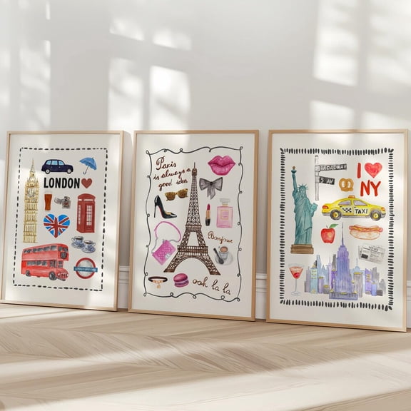 Nyc Paris London Travel Preppy Trendy Dorm Wall Art Set Home Decor Office Wall Art Set 2