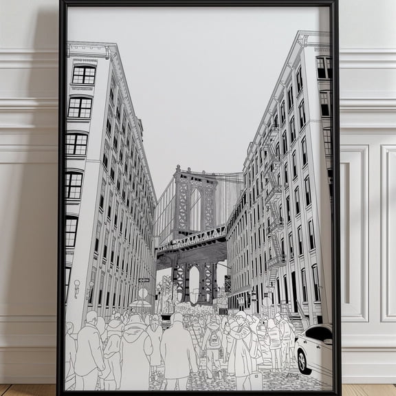 Nyc Print Black And White Brooklyn Bridge Drawing | Dumbo Wall Art, New York City Cityscape, Monochrome Urban Decor, For Nyc Lovers, Stretched Canvas Size 16x24