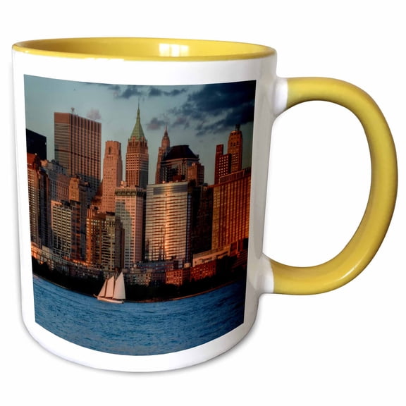 3drose, Nyc Skyline, Sailing Boat on Hudson River, Late Afternoon., 11oz Two-tone Yellow Mug