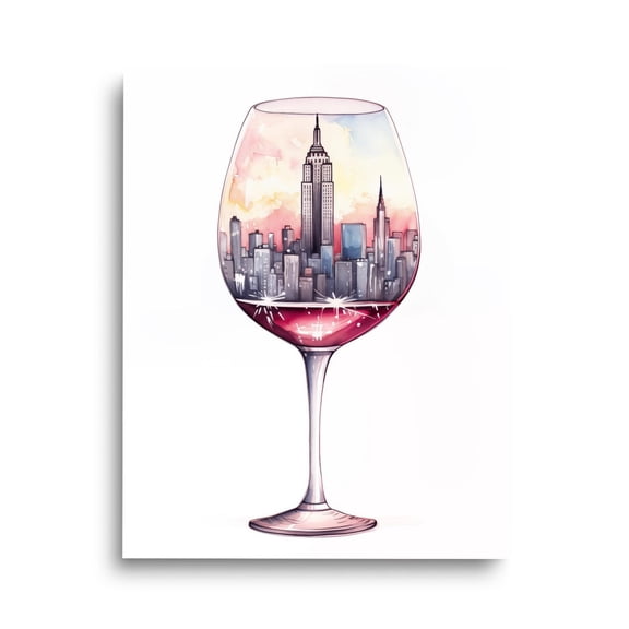 Nyc Skyline Wine Glass Print, Manhattan Kitchen Art, Empire State Building Poster, Cityscape Wine Bar Decor, New York City Wall Artwork Home Decor #3473, Stretched Canvas Size 16x24