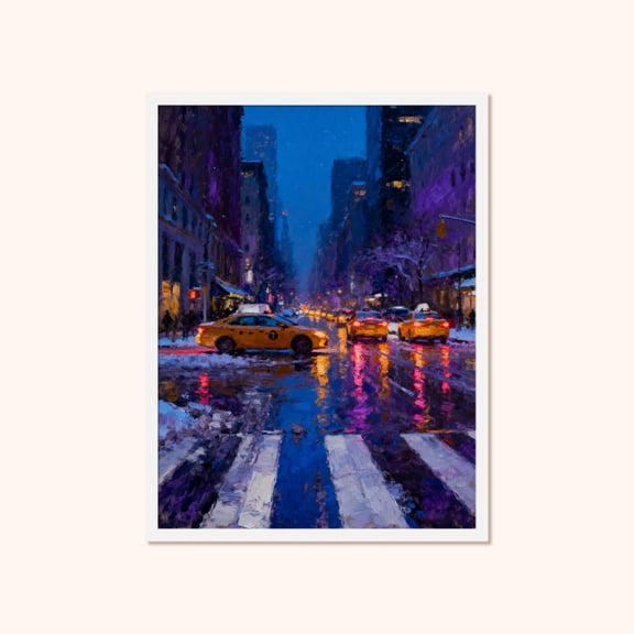 Nyc Taxi Wall Art, Snowy Manhattan Night Poster, Unframed Poster Size 24x36