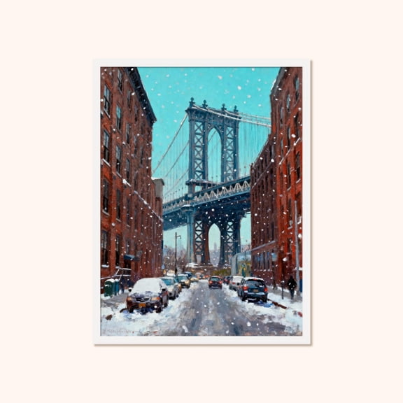 Nyc Wall Art, Manhattan Bridge Winter Street Poster, Unframed Poster Size 8x12