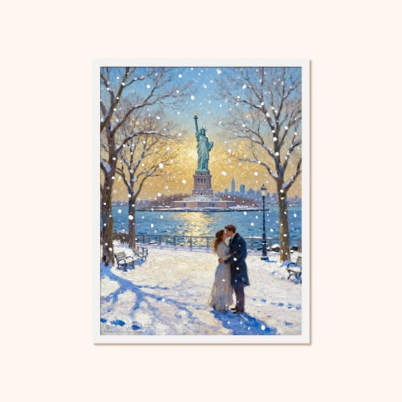 Nyc Wall Art, Statue Of Liberty Winter Romance Bedroom Print Instant #2690, Unframed Canvas Size 16x24