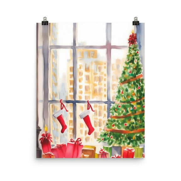 Nyc Winter Tree Print, Manhattan Wall Art, Seasonal New York City Decor, Festive Skyline Artwork, Winter Art Home Decor #4174, Unframed Canvas Size 12x18